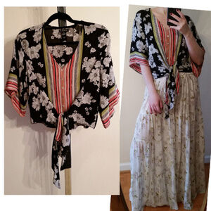 New Directions Crop Wrap Tie Waist Front Kimono Boho Top S